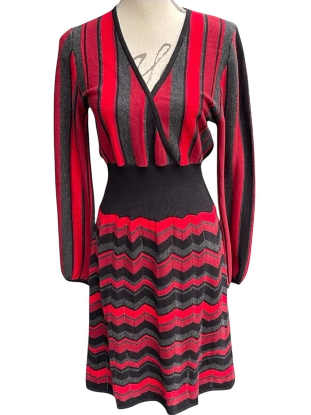 Spense Red/Black/Grey Stripe Cotton/Wool Cross Over Top Pointelle Knit Dress (M)